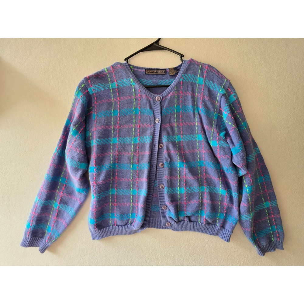Herman Geist Vintage Purple Plaid Cardigan Sweater Womens Medium Ramie Cotton
